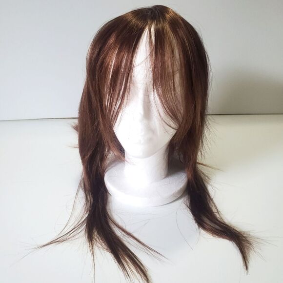 long straight brown wig with curtain bangs red highlights NEW - Picture 1 of 7